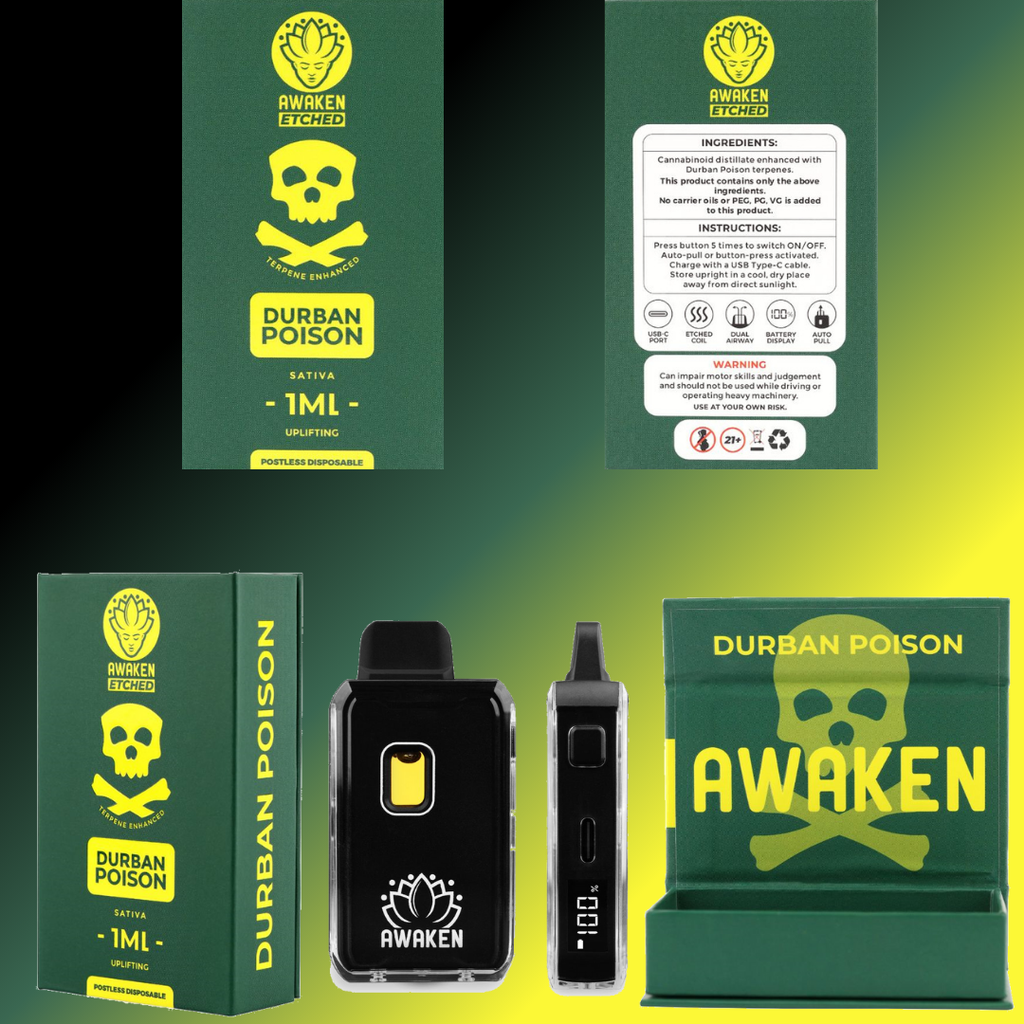 Awaken® Etched Disposable Vape 1ml - Durban Poison (Sativa)