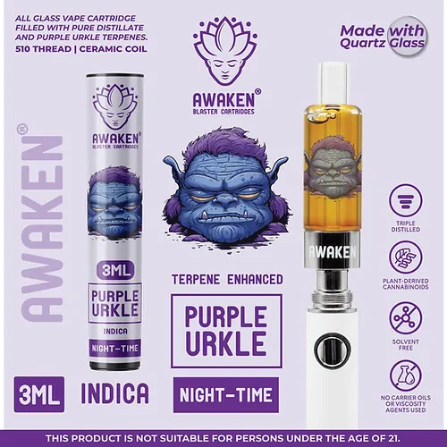 Awaken® Vape Blaster Cartridges 3ml - Purple Urkle (Indica)